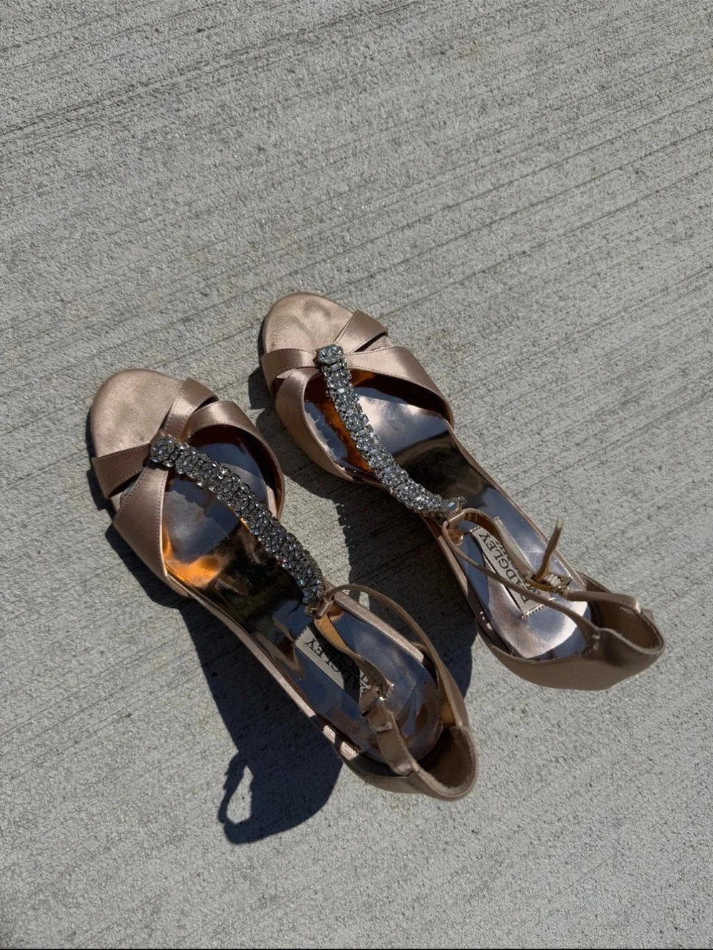 Badgley Mischka Rose Gold Satin T-Strap Crystal Embellished Heels
